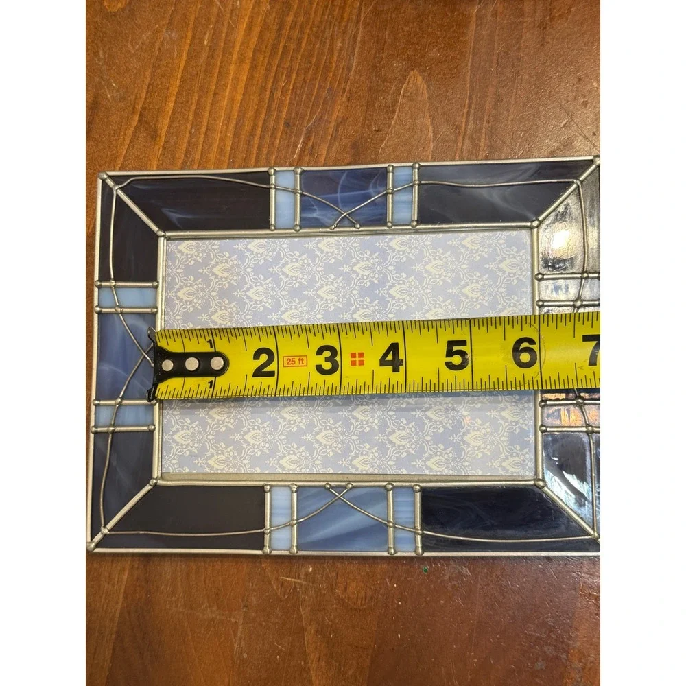 Blue Stained Glass Photo Frame Geometric Slag Glass 4x6 Tabletop Decor Silver